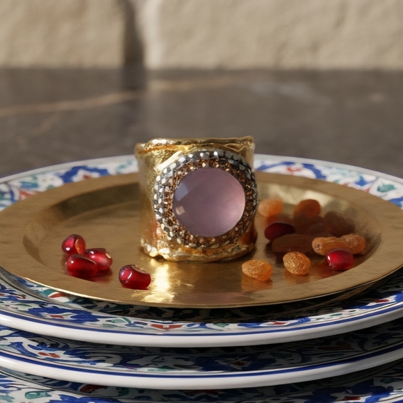 🆕️Boho Luxe Handmade Turkish Gold-Plated Wide Ring With Pink Cat’s Eye Hematite - Picture 9 of 12